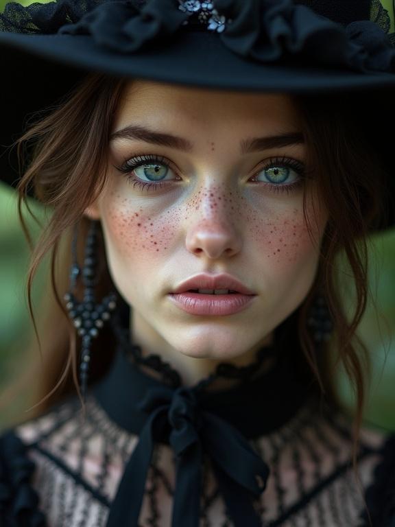 Photo realistic portrait of a beautiful young woman with freckles and blue eyes. She has perfect makeup and is wearing a dark gothic outfit. The woman is adorned with a Victorian hat and earrings. She looks directly at the viewer. The lighting is soft and natural. The image has a shallow depth of field highlighting her features.
