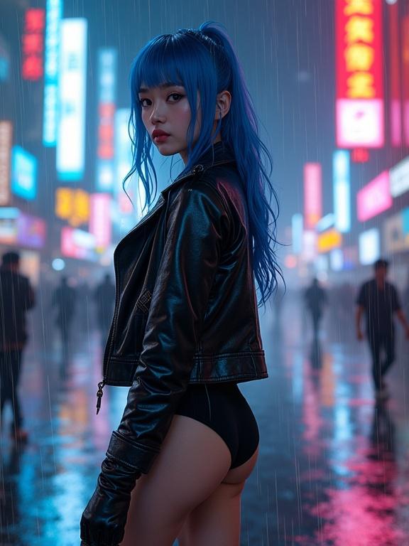 Young Japanese woman with blue hair in sleek black leather jacket stands in rain. Wearing black bodysuit and calf length black leather boots. Sharp focused eyes. Neon signs glow behind her in a cyberpunk city at night.