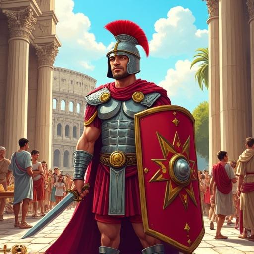 A Roman soldier stands in shiny armor at the center of a busy street. A colorful shield and sword are in his hands. The grand Colosseum is visible behind. Citizens in togas sell bread and play games. Children are with a playful dog. The scene is sunny and lively, reflecting Roman culture. Illustrated in a digital comic book style.