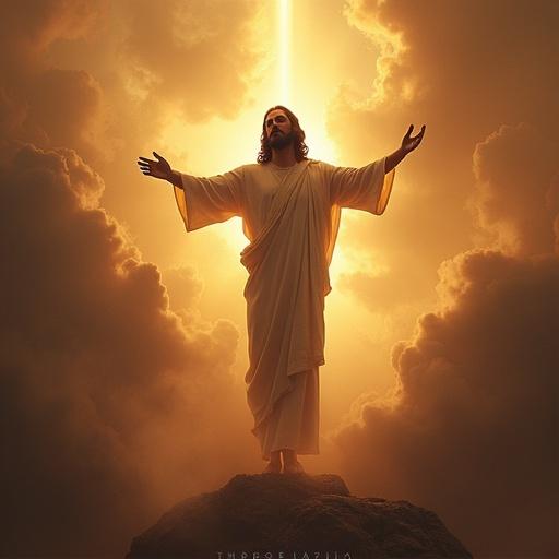 Depiction of Jesus in the act of ascension. Heavenly light surrounds him. Clouds and rays of light create a dramatic effect. Jesus wears robes and shows an expression of peace and elevation.