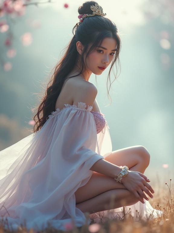 Misty dawn setting with a Chinese feudal battlefield. A short, petite princess squats gracefully. She wears a light bracelet with gold accents. A sheer white cape with thigh-high slit moves with cherry blossoms. Light purple delicate flower pattern undergarments visible. Dark hair styled with a traditional golden hairpin. Soft light shines through clouds. Full body visible in frame. Ultra low angle shot.