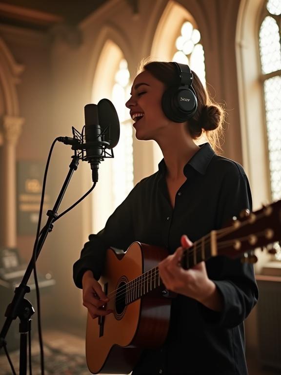 A female musician performs in a classic castle converted into a music studio. She sings into a vintage microphone while playing guitar. She wears studio headphones. Natural light from stained-glass windows illuminates her face. The room features elegant architecture and high-end studio gear. Dust motes float in sunbeams, creating a cozy atmosphere. Cinematic lighting enhances the artistic feel.