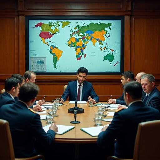 British Prime Minister Rishi Sunak in a suit sits at a table. Engaged in a meeting with military chiefs and cabinet members. Analyzing UK military and diplomatic stance. Maps and military reports visible. Making decisions on military deployments and partnerships.