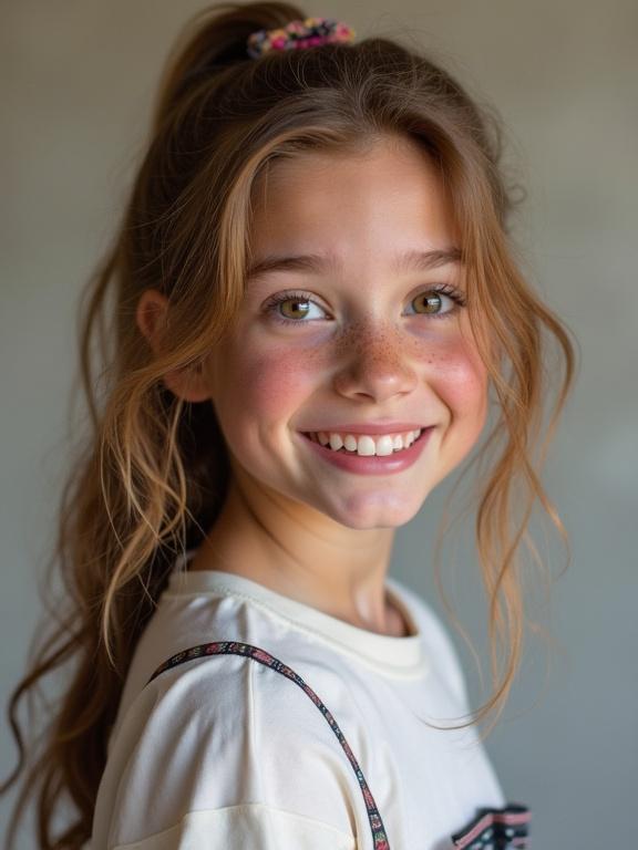 Lily has long wavy chestnut hair with a messy ponytail and colorful scrunchie. Hazel eyes sparkle with mischief. Freckled cheeks show blush from attention. She wears a crisp white blouse and pleated skirt. The image has a vintage filter effect.