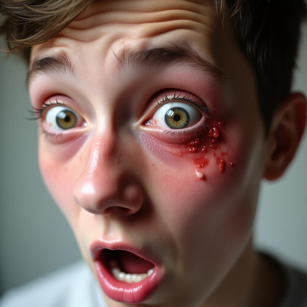 The image depicts a close-up of a shocked boy's face with injuries. His eyes are wide in surprise, and there's blood near his eye, indicating he has just experienced a punch. The boy shows a clear expression of pain and confusion. The skin is pale, contrasting with the red marks. This powerful image captures the immediate aftermath of violence, highlighting the physical and emotional impact in a dramatic way.