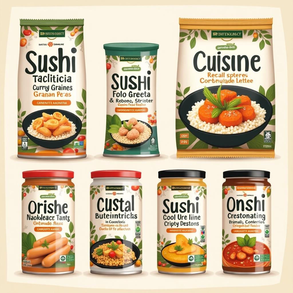 Product labels for various Cuisine products in a landscape format. Showcases a collection of unique food items with colorful packaging and detailed labels.