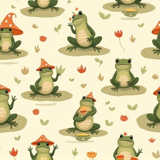 Seamless repeatable pattern with cartoon frogs in mushroom hats sitting on lily pads and drinking tea. Designed in warm earth tones and whimsical cottagecore style. Transparent background to ensure perfect tiling.