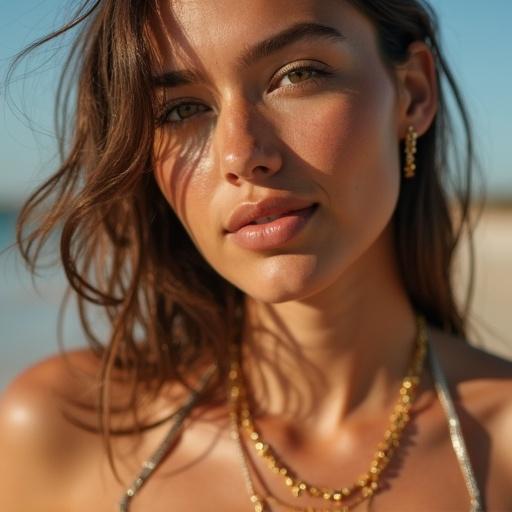 Close-up horizontal portrait of a model basking in sun. Glowing skin kissed by sunlight. Wearing a halter bikini top and minimal gold jewelry. Grains of sand lightly stick to shoulder. Focus on texture soft shadows and relaxed expression.