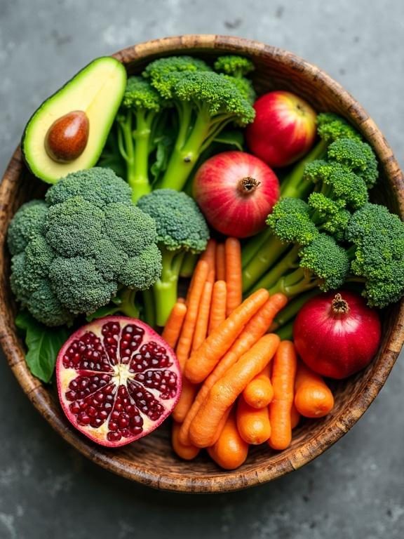 A bowl filled with a vibrant array of superfoods including avocados, broccoli, pomegranates, apples, and carrots. Fresh produce arranged beautifully in a wooden bowl.