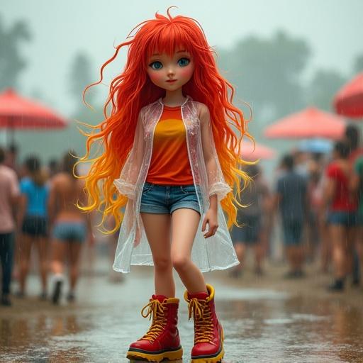 Doll with long red and yellow hair at a summer music festival during rainy weather. Doll wears see-through raincoat, colorful shirt, denim shorts, and hiking boots.
