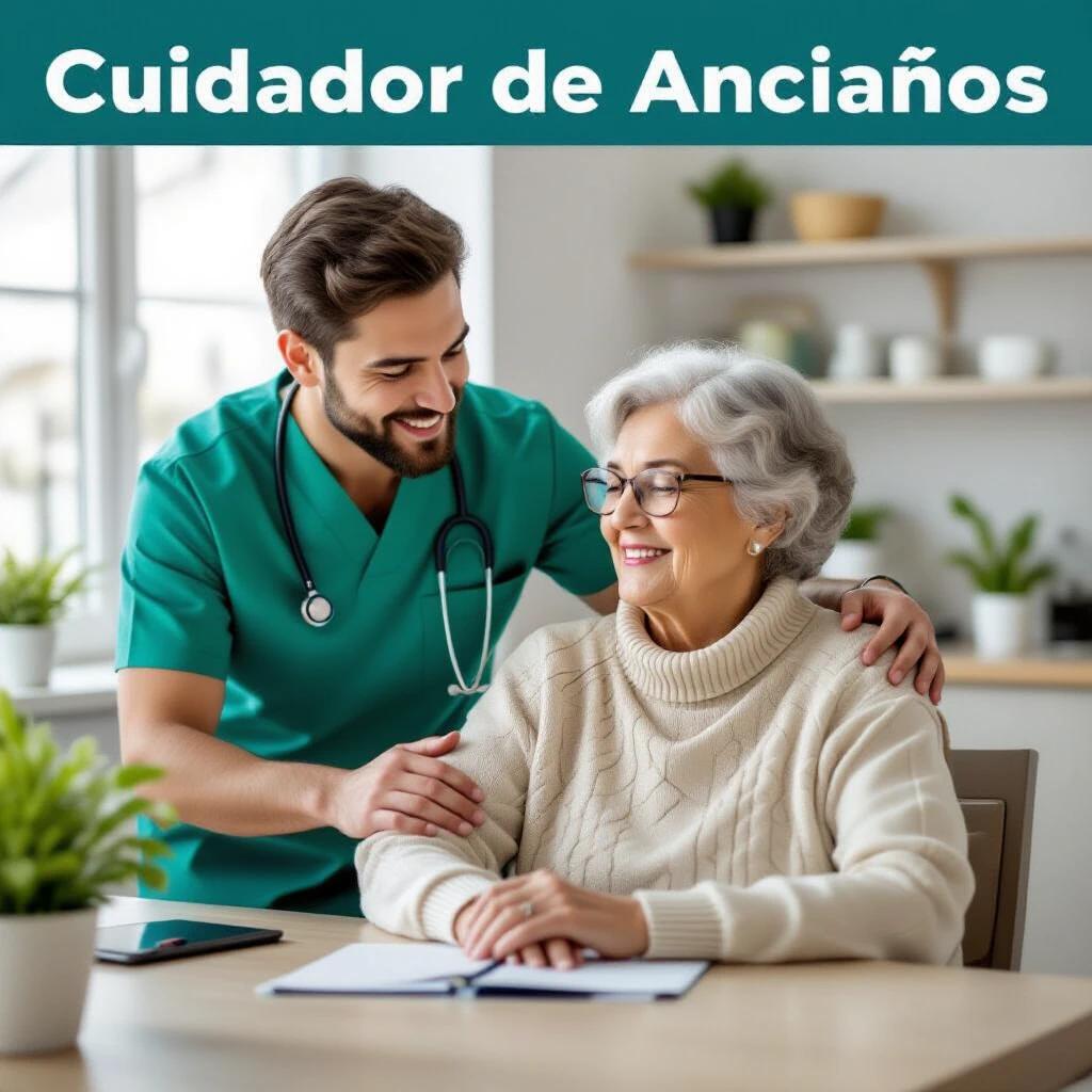 Caregiver supports elderly woman in a cozy indoor setting. Caregiver wears scrubs and a stethoscope. Elderly woman sits comfortably in a sweater. Natural light brightens the room. Shelves in the background hold plants and decorations. Friendly and professional atmosphere is promoted.