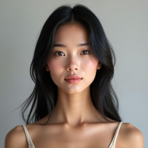 Portrait of a 25-year-old woman with fitted clothing. She has shoulder-length straight black hair. Calm expression with flat eyebrows and delicate features. Large almond-shaped eyes enhance her beauty. Symmetrical face with harmonious proportions. High-resolution semi-realistic style. Soft natural lighting on a light gray backdrop.