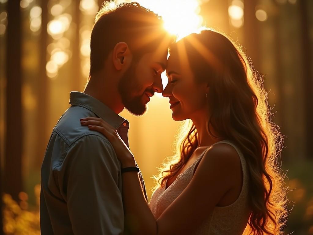 A couple lovingly embraces in a sun-drenched forest setting. The warm, golden light casts a romantic glow over their faces. They stand forehead to forehead, with eyes closed, enjoying a tender moment together. The background is blurred, suggesting a serene wooded environment. The overall ambiance is intimate and peaceful, capturing the essence of love and connection.