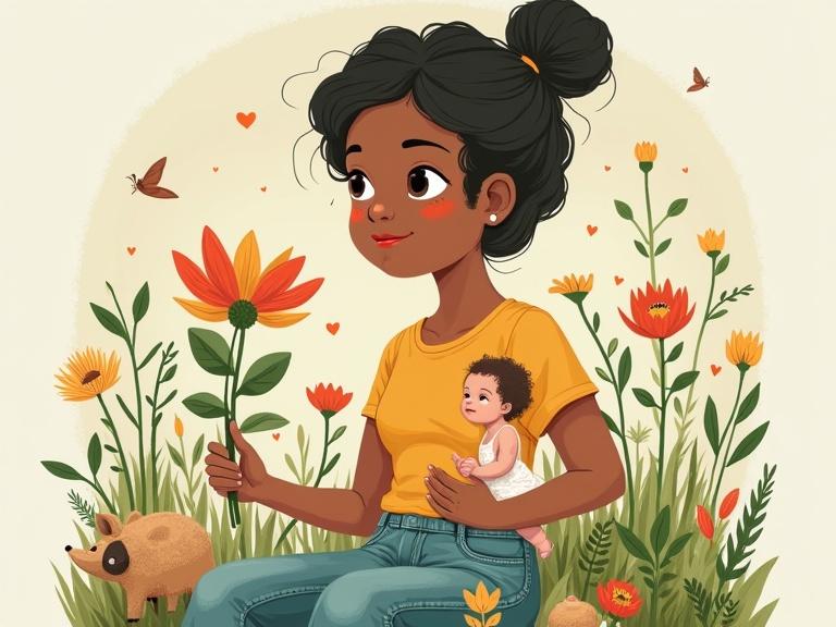 Fusion character representing nature and modern motherhood. Mother Earth in casual clothes. One arm holds a plant. Other arm holds a baby. Surrounded by blooming flowers and friendly animals. Balanced and peaceful scene.