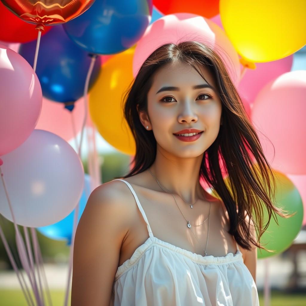 A smiling woman stands amid a vibrant array of colorful balloons.