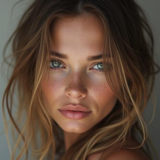 Close-up portrait of a beautiful female, natural makeup, warm skin tones, soft background, captivating gaze.