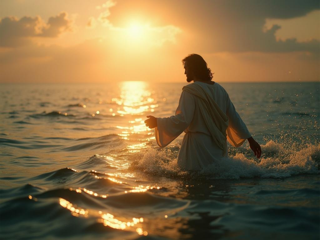 Jesus performs miracle of multiplying fish with his disciples in tranquil water setting. The setting is serene with soft light rays creating a divine atmosphere.