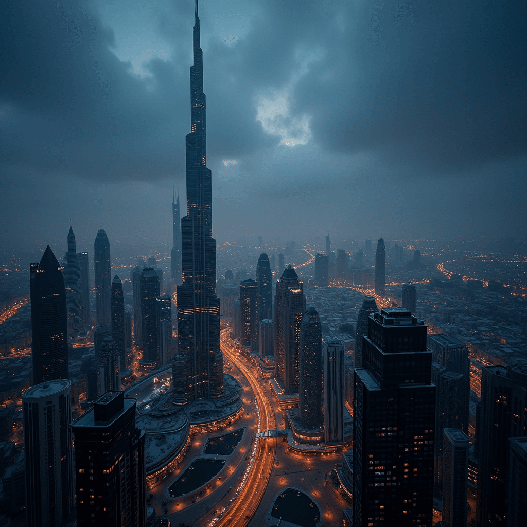 A towering skyscraper stands tall above a bustling cityscape at dusk, with glowing streets winding below.