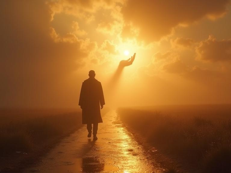 Enoch walking on a path with a glowing trail behind him. A divine hand faintly visible in the sky. Symbolic style. Golden light.