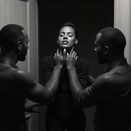 A dramatic scene with a woman surrounded by three individuals. The setting suggests tension and threat, highlighted by stark black and white contrast surfaces. The individuals hold her mouth and tug her towards them, creating an image filled with emotion and suspense.