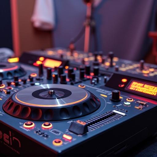 Image of DJ equipment featuring a mixer with vibrant orange and blue lights. The setup includes various controls and knobs characteristic of electronic music. The background is softly illuminated with neon colors, creating an energetic atmosphere.