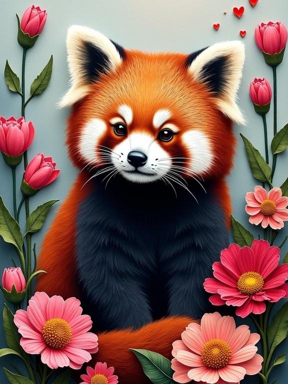 A detailed portrait of a red panda surrounded by colorful flowers. Mixed media elements create a vibrant composition. The artwork showcases modern techniques and a love for nature. The arrangement highlights intricate designs and fine details, capturing beauty in a contemporary style.