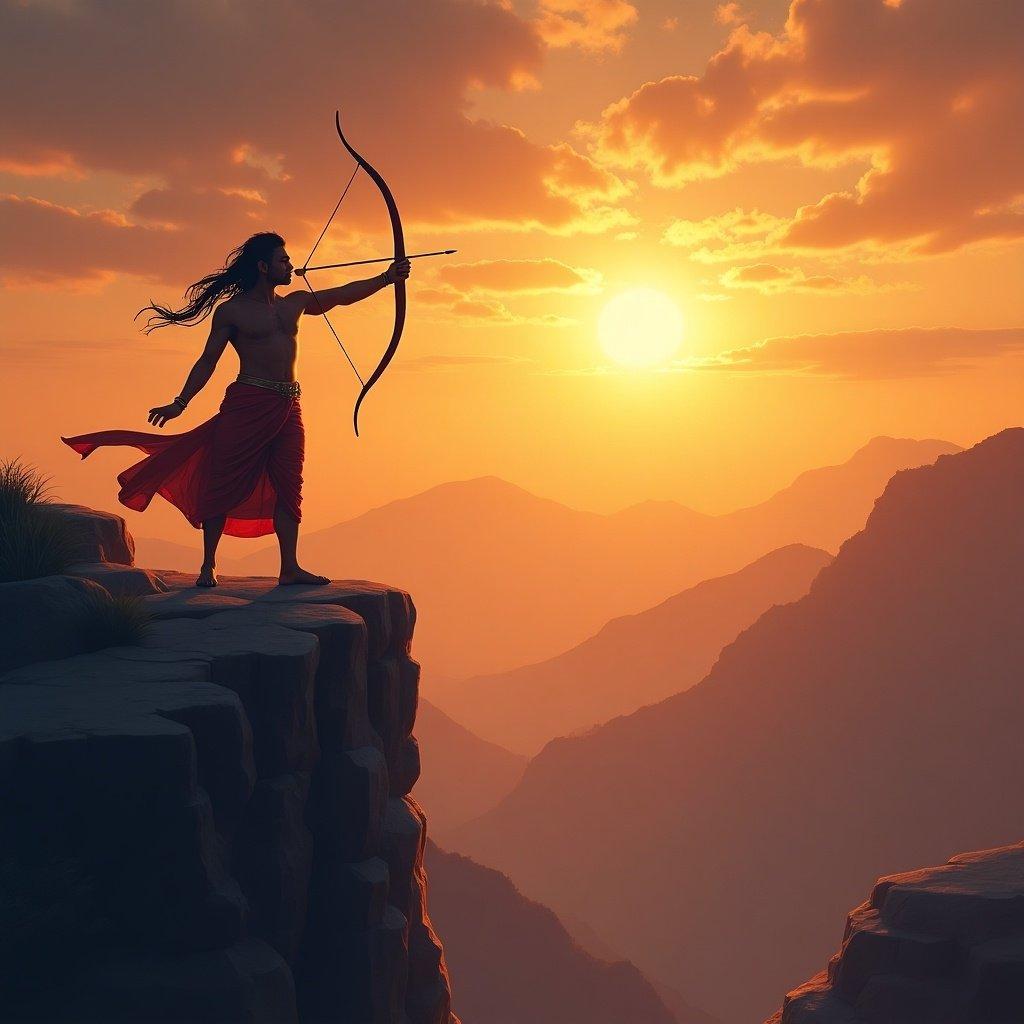 Suryaputra Karn stands on a mountain cliff holding a bow and arrow aiming towards the rising sun during early morning.