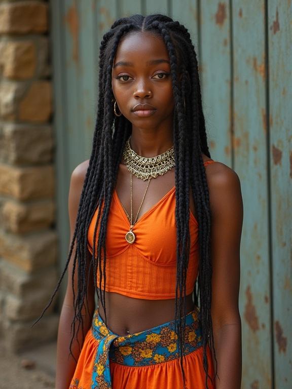 Gabberina wearing a bright orange top with a matching skirt. Intricate braided hairstyle with detailed jewelry. Rustic background enhancing the cultural vibe.