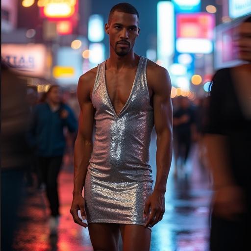 An androgynous man stands on a city street. Man wears a silver bodycon dress with a deep V-neck. Dress made of metallic sequins and clings to his body. He adjusts his stilettos and smiles. Neon signs reflect on his skin. Surrounding figures are blurred in the rain. The image captures motion blur, highlighting his pose. His gaze is sharp and confident.