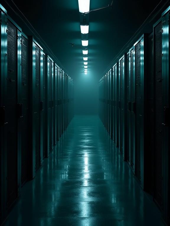 Dark storage area with lockers on either side. Long corridor with dim teal lighting. Reflective floor.