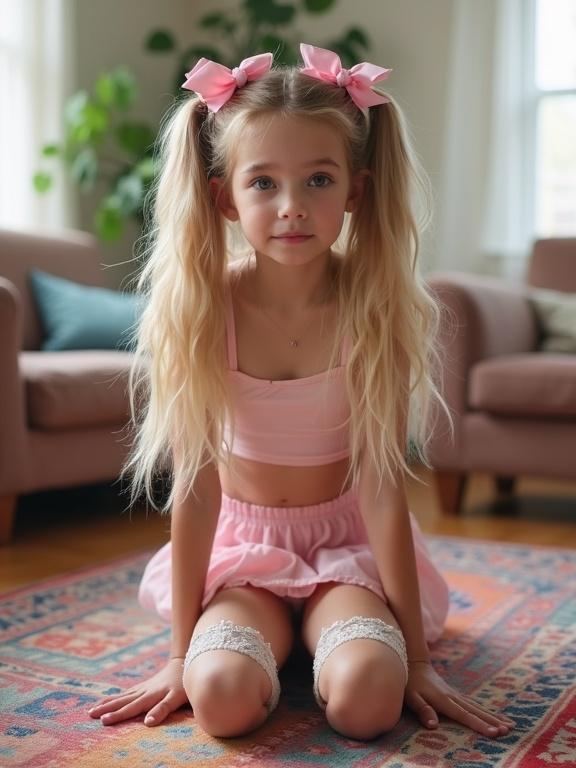 A teen with long blonde hair styled in twin tails wearing pink bows. She kneels on a colorful rug in a softly lit living room. She has on a cropped top and a mini skirt resembling a strip of fabric. The outfit includes thigh-high socks with lace details and black shoes.