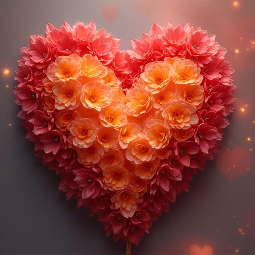 Heart shape made of beautiful Dalia flowers featuring shades of pink and peach. Romantic atmosphere with soft lighting and glowing effects.
