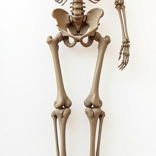 Image depicts a human skeleton with a focus on the femur bone. The skeleton is displayed in a straightforward manner against a neutral background. The femur is clearly visible for anatomical study.