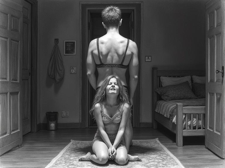 Pencil drawing shows kneeling Estonian girl in bra looking scared and crying in a dark bedroom. Dad stands behind her with back to camera, wearing a bra. The scene captures intense emotions in a family setting.