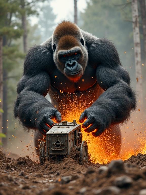 A powerful silverback gorilla is smashing down on a bulldozer's engine block with both fists. The gorilla has a fierce expression. Sparks fly from the dents in the metal. The impact creates a shockwave. The surrounding earth is cracking with intense force. Trees appear scorched and debris flies through the air.