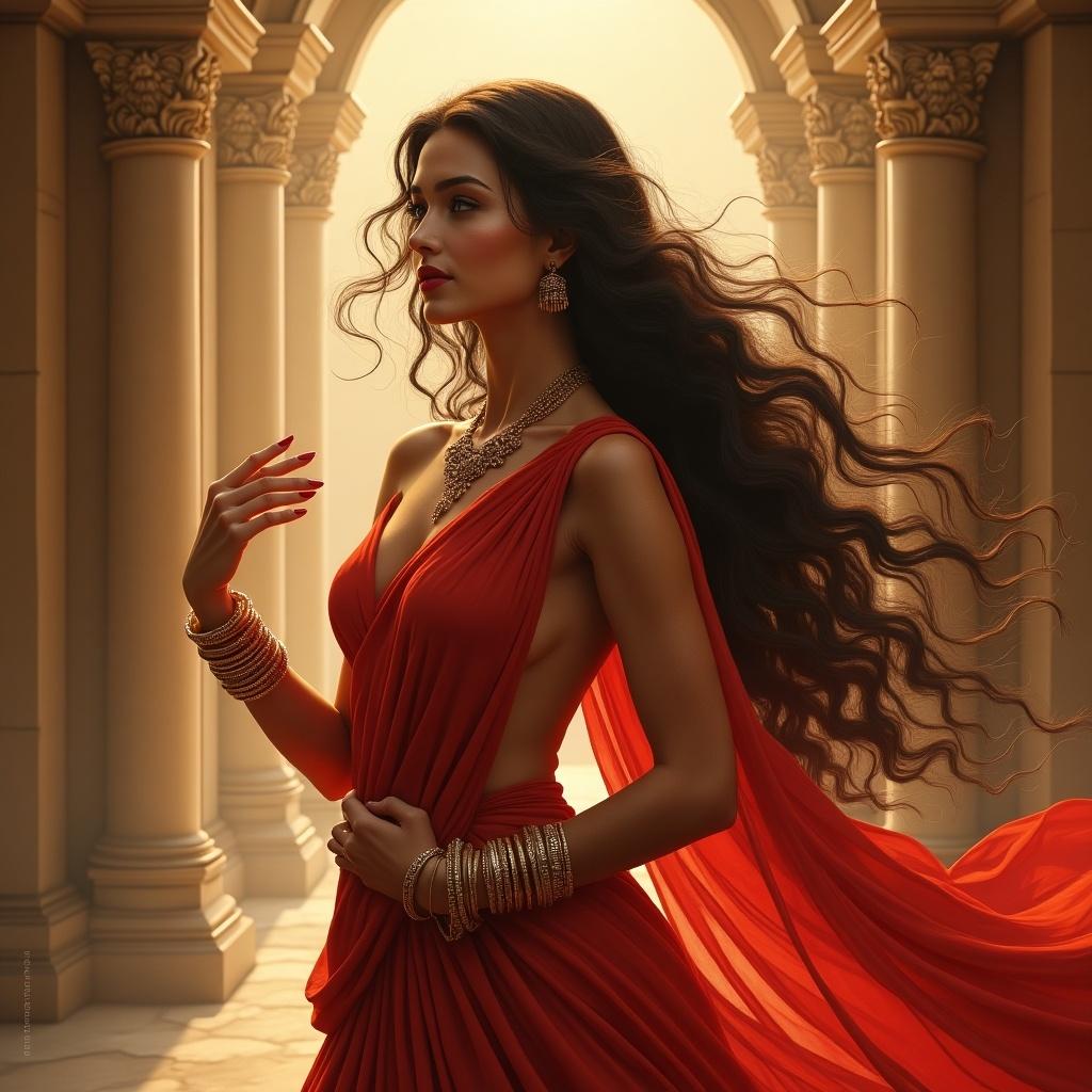 A goddess-like figure with flowing hair. Dressed in a stunning red gown. Standing gracefully in an architectural setting. Elegant jewelry adds to the beauty. Warm golden light enhances the scene.