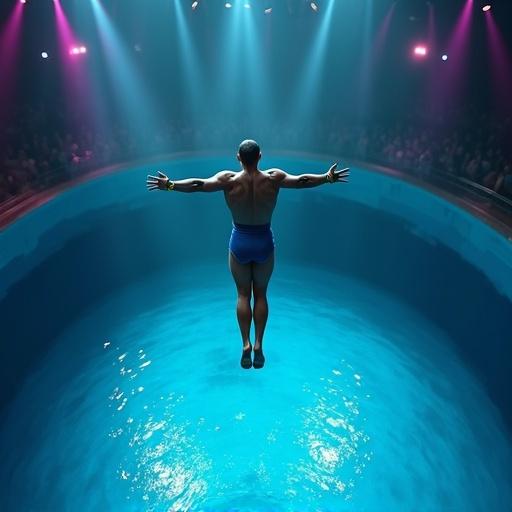 A single male diver captured mid-air in a bird’s-eye view as he dives into a large circular performance pool. The diver's anatomy is realistic and athletic with defined muscles. Body stretched vertically, arms wide, legs extended together. Stylized blue aquatic costume with flowing streamers, gold-black armbands. Indoor theater lighting casts colorful spotlights in aqua, magenta, blue, highlighting muscles and water surface. Clean symmetry and theatrical atmosphere.