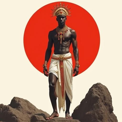 Portrait of a young male orisha in elegant white and red garment. Dark skin contrasts with a tall golden crown covered in hanging beads. Holds a golden double axe adorned with red stones. Accessories include golden bracelets on arms and ankles. Barefoot with one foot on volcanic rock. Minimalist background with a large red circle behind.