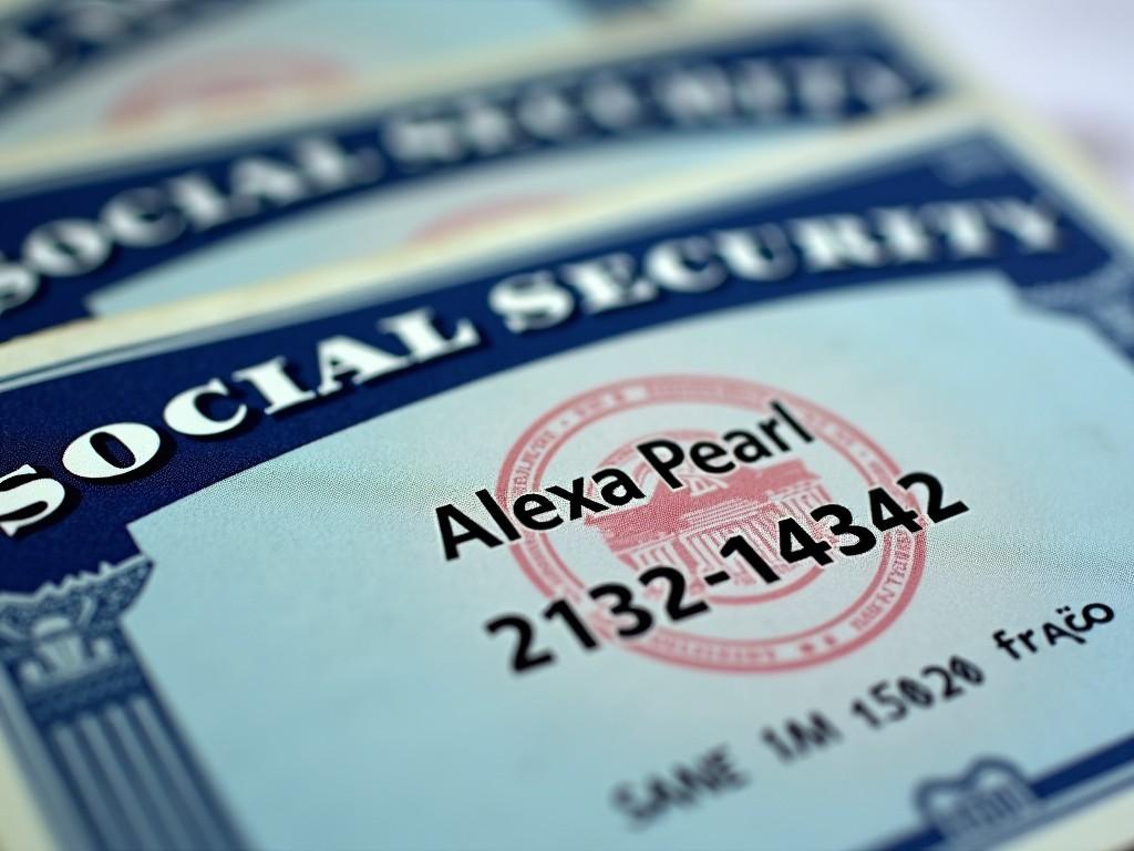 A close-up of social security cards with a focus on the text 'Alexa Pearl 2132-14342'.