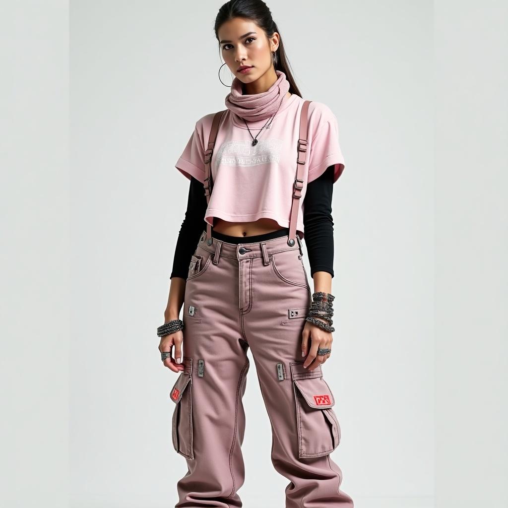 A model stands confidently, wearing a light pink cropped t-shirt over a black long-sleeve shirt. The outfit includes light-washed baggy pink-gray cargo pants with oversized pockets and straps. Accessories feature silver rings, chain bracelets, and a loose pale pink scarf. Footwear consists of chunky platform boots in soft pink with black details and glowing red trim.