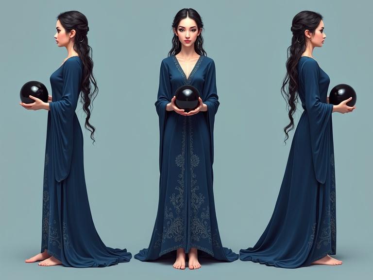 Triptych of an enigmatic oracle character. Three panels with solid color backgrounds. Panel 1 shows front view of a slender oracle with luminescent skin and deep indigo robe. Panel 2 is side profile view from slightly above. Panel 3 features 3/4 rear view from slightly below. Serene expression with dark scrying orb.