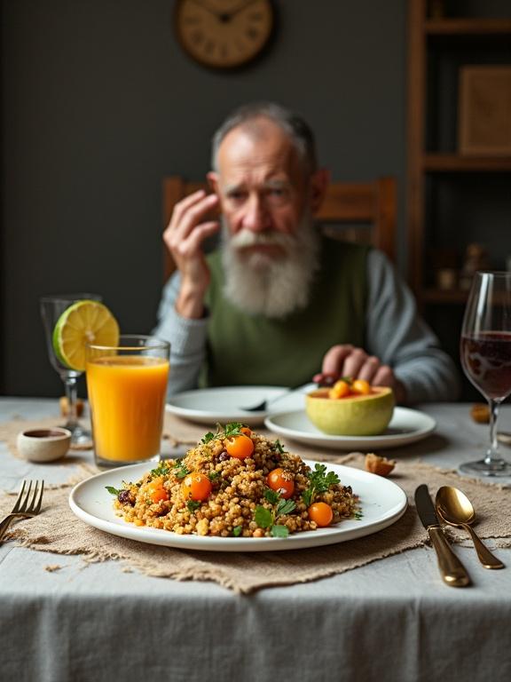 Close-up of an elegant table with colorful plates filled with food. Features a quinoa salad with avocado, sugar-free grapefruit juice, and avocado cacao mousse. Soft lighting and a gourmet kitchen background. Emotional contrast of a person reminiscing about healthier choices. Grey, somber backdrop.