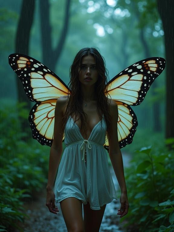 A stunning woman with real butterfly wings wears a short, sensual white dress. She walks through a lush, rain-soaked forest at night. Hair and clothes are wet. Expression reveals fear and vulnerability.