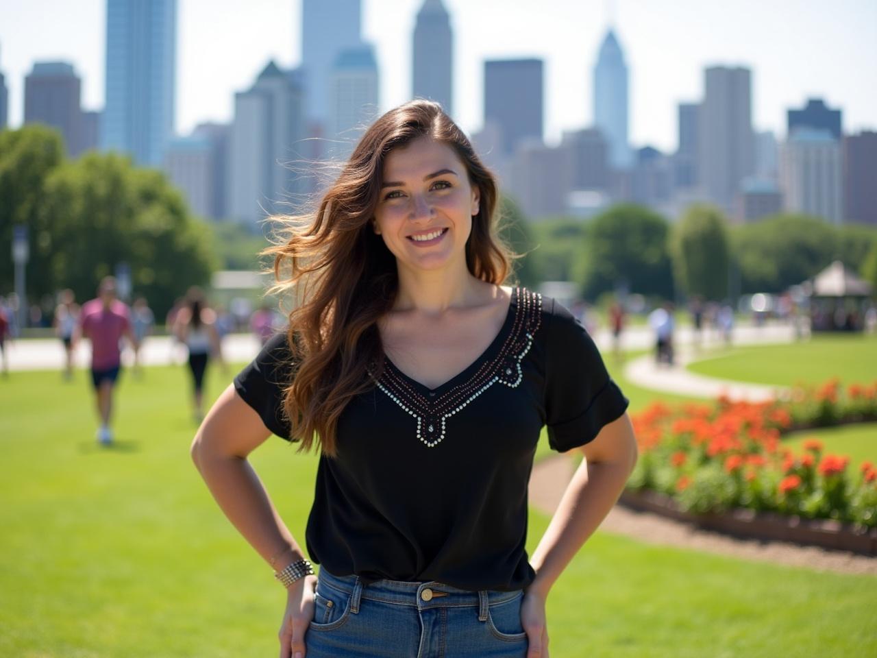 The image shows a person standing confidently outdoors against a backdrop of a city skyline. The person has long, wavy hair that is partially blown by the wind. They are wearing a stylish black top with decorative details and blue jeans. The background features green lawns and flower beds, indicating a lively public space. People can be seen enjoying the area, with some walking in the distance. The atmosphere appears bright and sunny, typical of a pleasant day out.