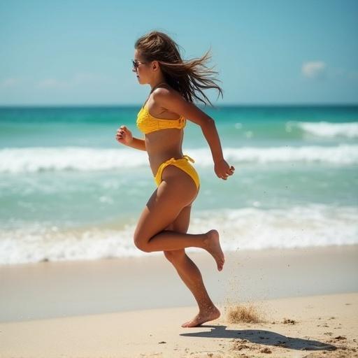 A girl in a yellow bikini running on a beach near the water.