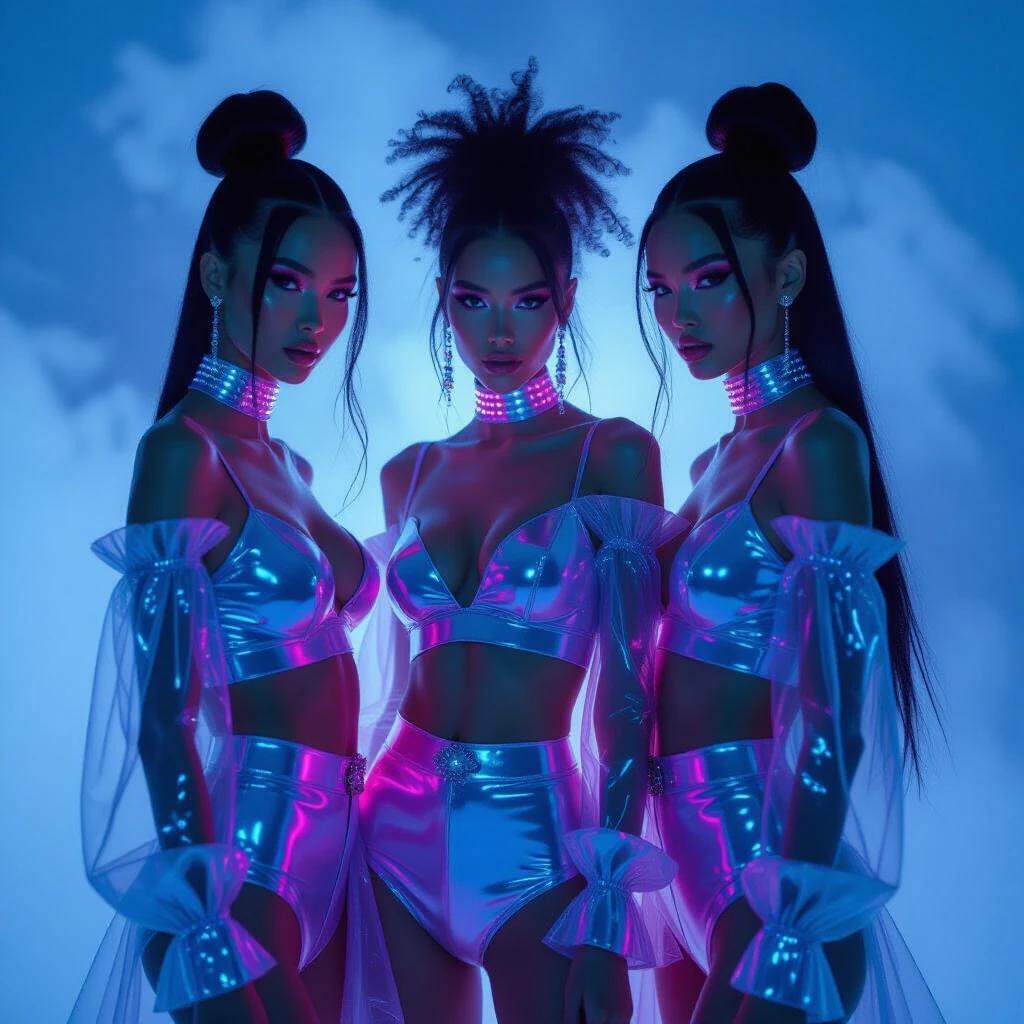 Three individuals stand closely together. Their outfits shimmer with a futuristic glow. They wear translucent garments that sparkle with vibrant neon lights. Shades of electric blue and soft pink pulse with energy. Their confident expressions and elaborate hairstyles enhance their styles. Ambient lighting and fog create an otherworldly atmosphere. The scene contrasts avant-garde fashion with dynamic creativity.