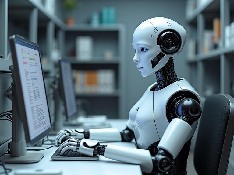 A robotic assistant is organizing files in a paperless office. The robot is at a computer with screens showing information. The office has a modern design with shelves and folders.