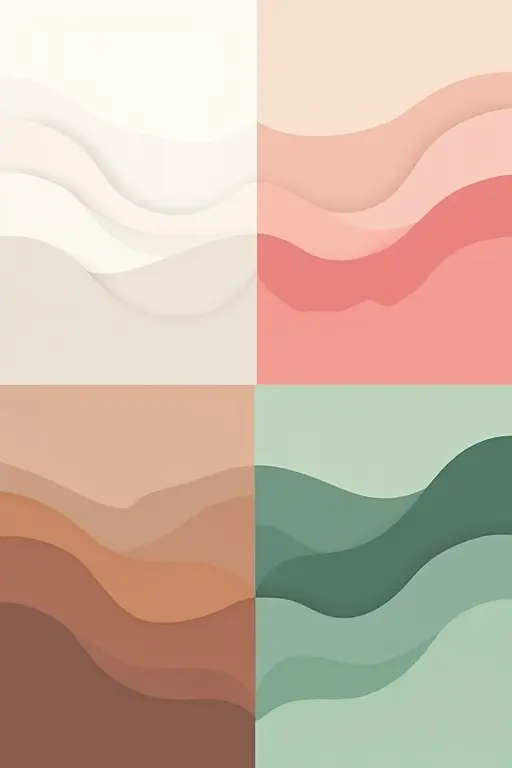 A symbolic illustration depicting noise colors for sleep aid. Four quadrants representing white noise with soft waves in white and gray, pink noise with gentle shapes in pink and red, brown noise in earthy brown patterns, and green noise in calming green waves. Minimalistic and harmonious design without literal sleep depictions.