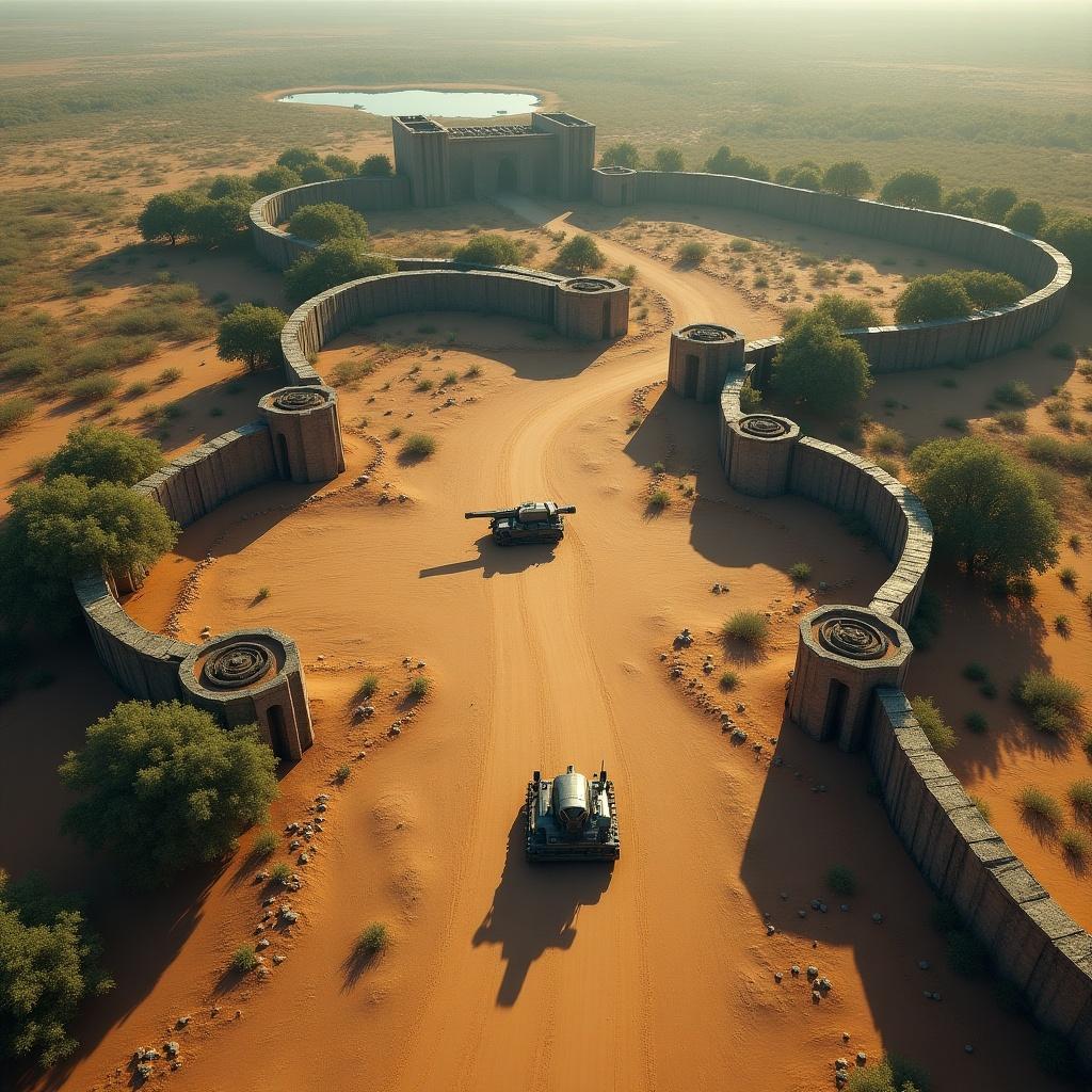 A bird's eye view of a deserted military base in a wasteland. Tanks are placed within a circular fortress surrounded by green vegetation. A small lake is visible in the background. High resolution art depicting a science fiction scenario.