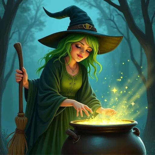 A witch with green hair stirs a bubbling cauldron in a forest. The cauldron emits sparkling stars. A broom with eyes is held beside her.